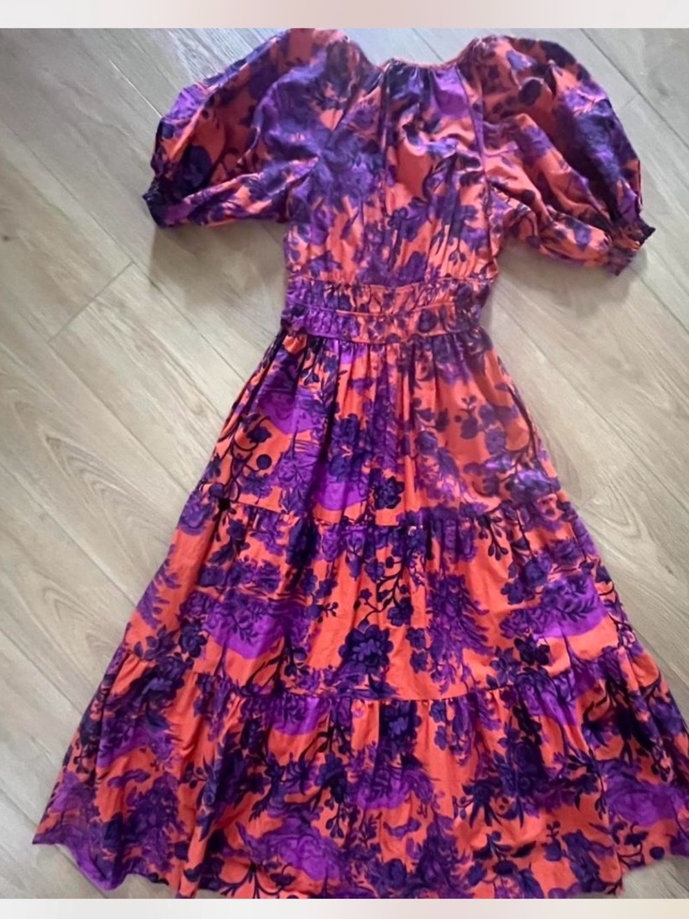 Anthropologie Maeve Floral Puff Sleeve Midi Dress Orange Purple Size Small - Picture 4 of 8